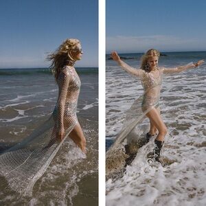 For Love & Lemons NWT XS Fawn Maxi Dress Silver Sequin Fishnet